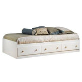 A white bed featuring built-in drawers and a comfortable mattress, designed for both style and storage efficiency.